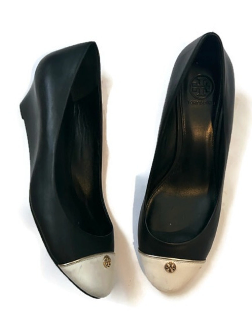 Tory Burch Leather Wedge Classic Black Shoe with Cream Cap Toe Gold Logo Accent